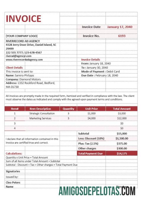 em branco Exemplo de modelo de fatura de agência de publicidade